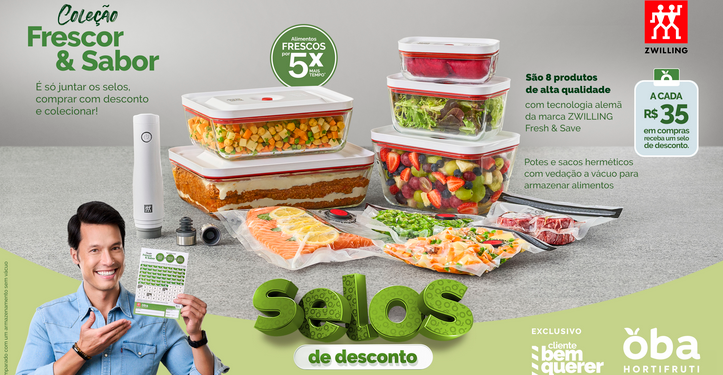 Campanha de selos do Oba Hortifruti oferta potes herméticos