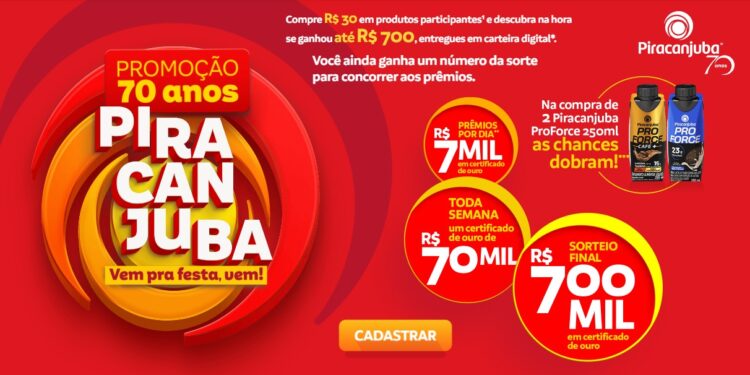 Piracanjuba sorteia R$ 700 mil em promoção que comemora seus 70 anos